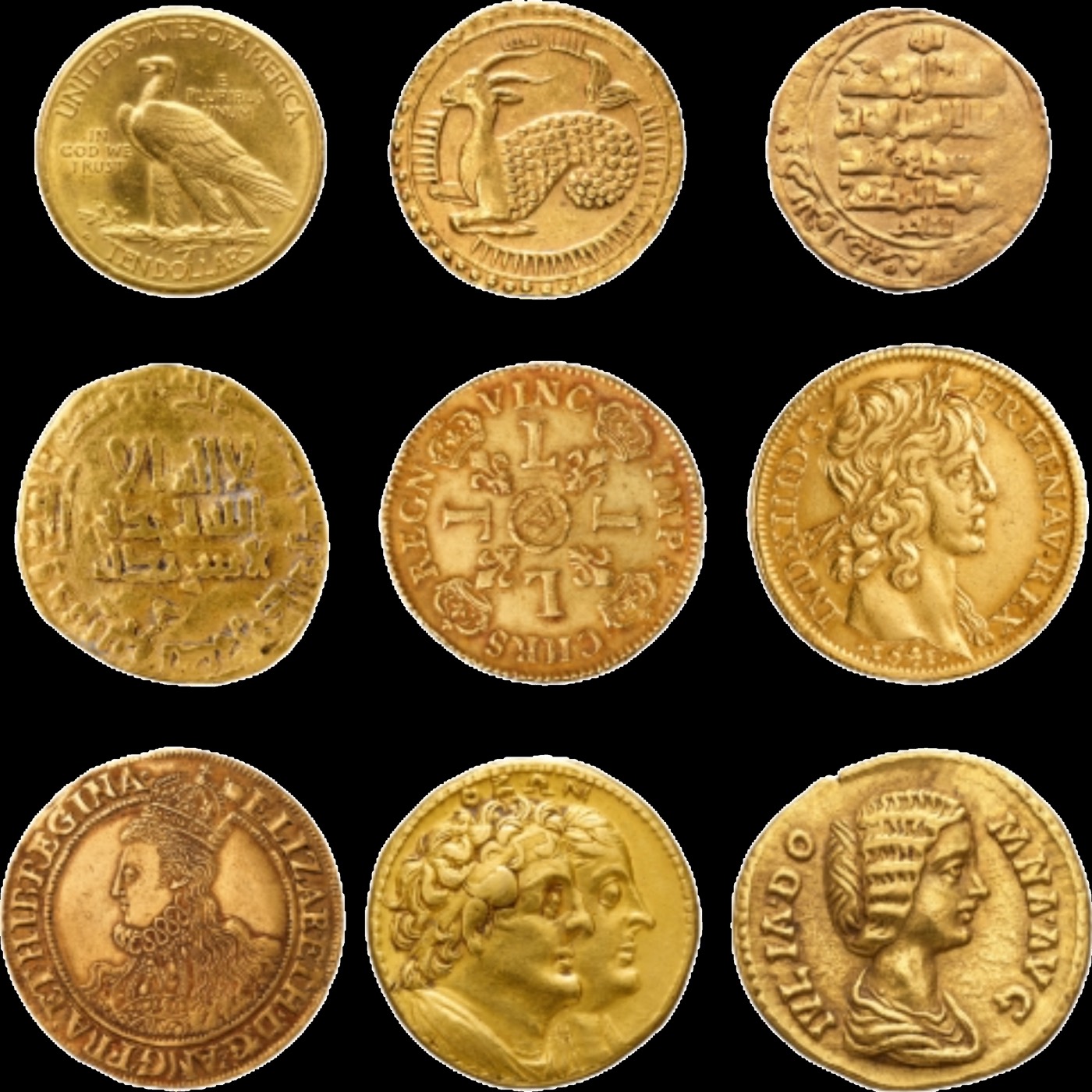 A grid of historical gold coins