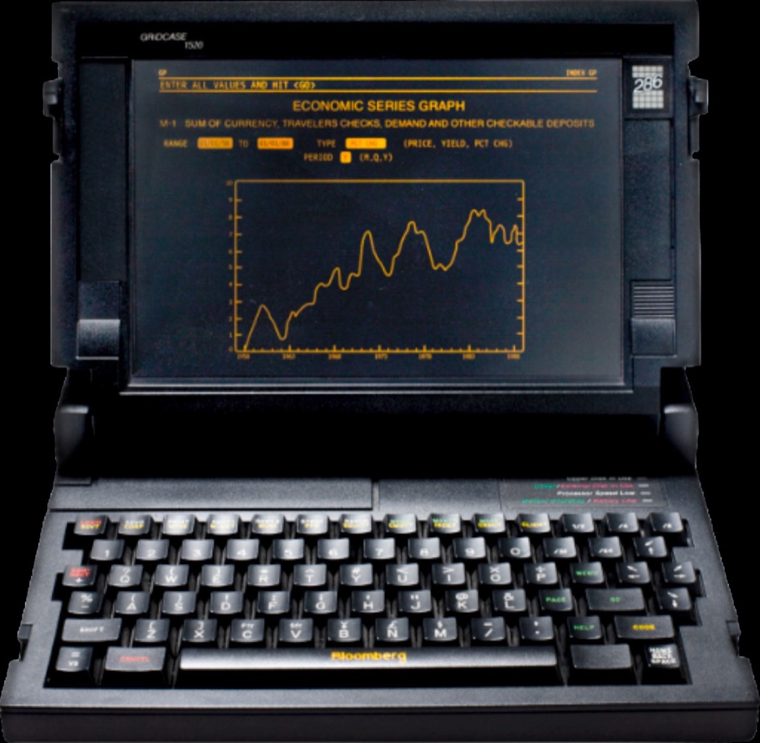 Vintage portable financial terminal displaying an economic graph